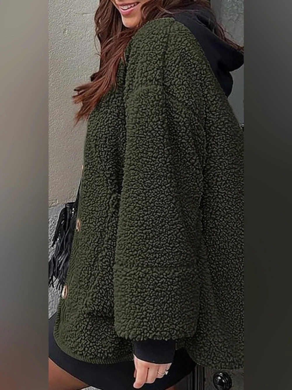 NWT-Large fleece oversized Cozy Olive Sherpa Jacket - Women's Button-Front Coat